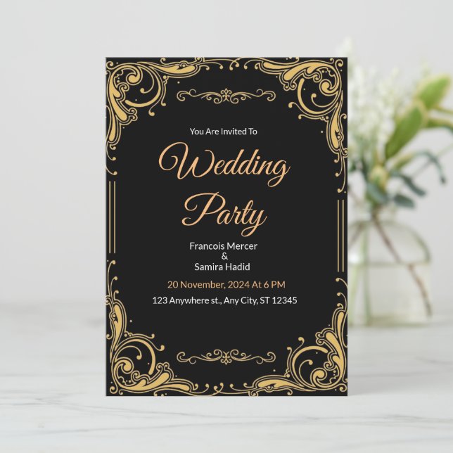 Black and Gold Elegant Wedding Party Invitation (Standing Front)