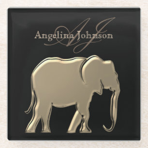 Black and Gold Elephant Elegant Monogrammed Glass Coaster