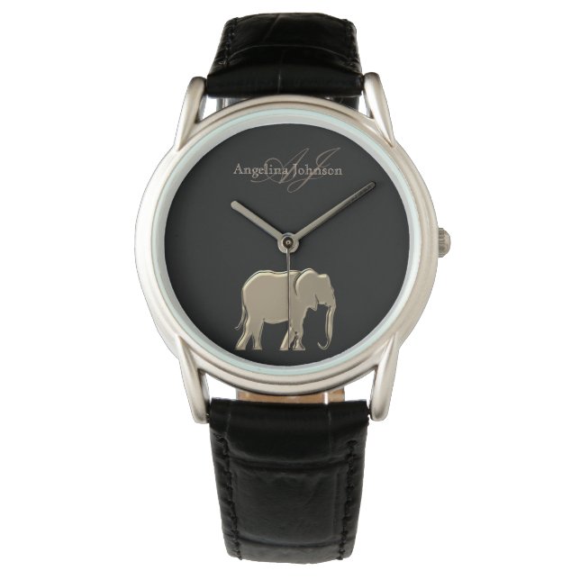 Black and Gold Elephant Elegant Monogrammed Watch (Front)