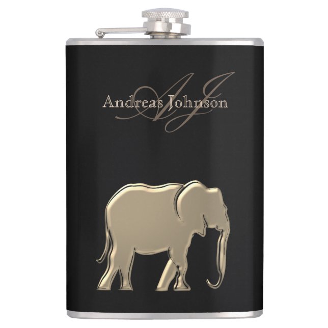 Black and Gold Elephant Glam Elegant Monogrammed Hip Flask (Front)