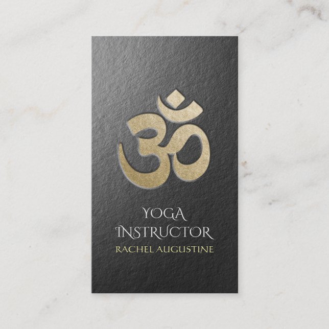 Black and Gold Embossed OM Symbol Yoga Instructor Business Card (Front)