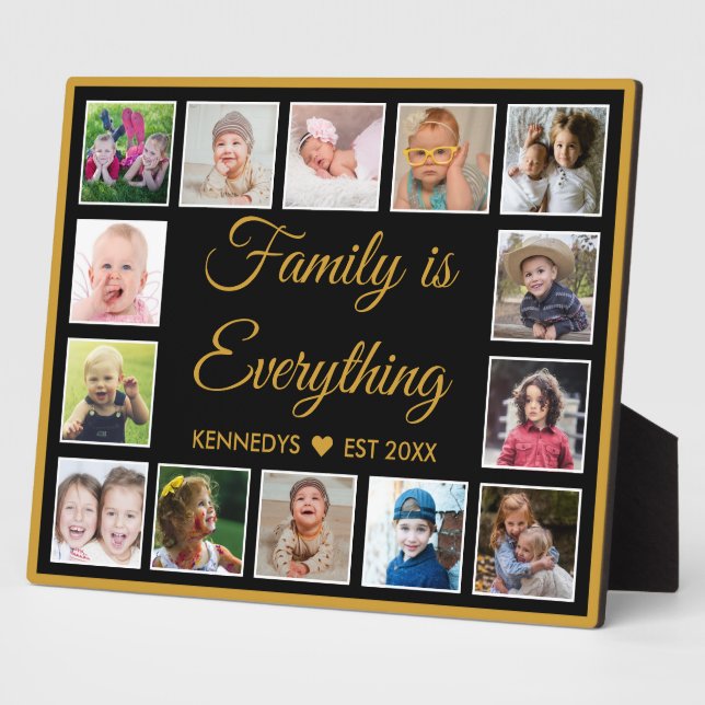 Black And Gold Family Quote 14 Photo Collage Plaque (Side)