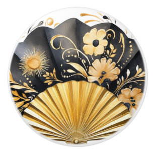 Black and Gold Fan Ceramic Knobs