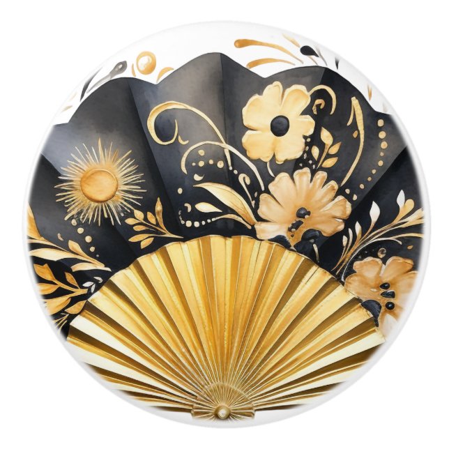 Black and Gold Fan Ceramic Knobs (Front)