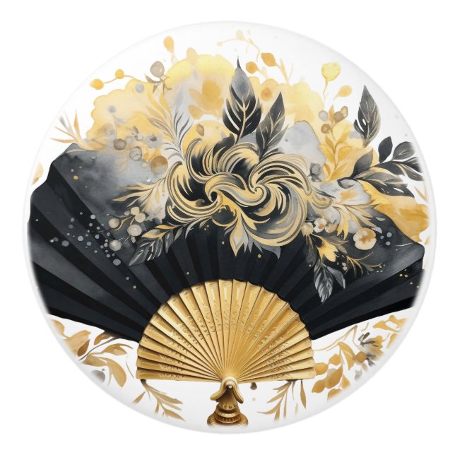 Black and Gold Fan Ceramic Knobs (Front)
