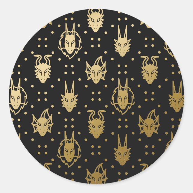 Black and Gold Fantasy Dragon Argyle Pattern Classic Round Sticker (Front)