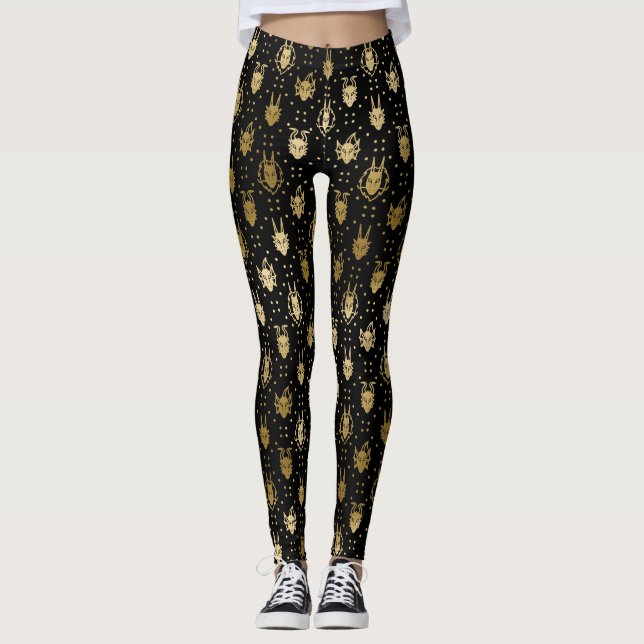 Black and Gold Fantasy Dragon Argyle Pattern Leggings (Front)