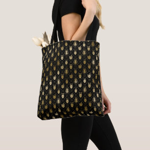 Black and Gold Fantasy Dragon Argyle Pattern Tote Bag