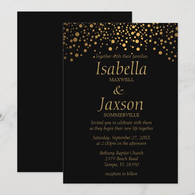 Black and Gold Faux Foil Confetti Dots Invitation (Front/Back)
