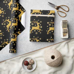 Black And Gold Faux Foil Reindeer and Snowflakes Wrapping Paper