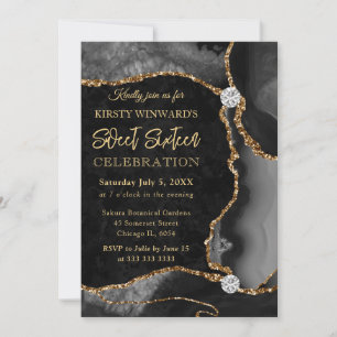 Black and Gold Faux Glitter Agate Sweet 16 Invitation