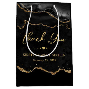 Black and Gold Faux Glitter Agate Sweet 16 Medium Gift Bag