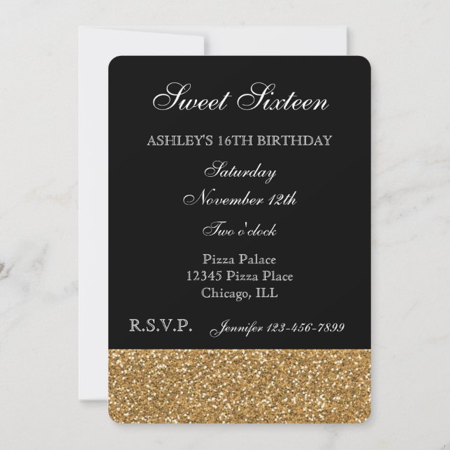 Black and Gold Faux Glitter Invitation (Back)