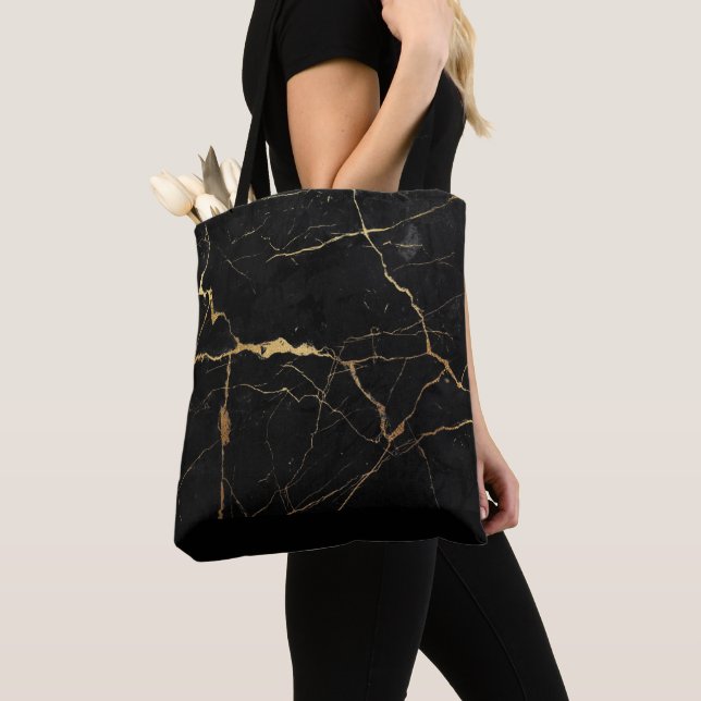 Black and gold faux marble texture tote bag (Close Up)