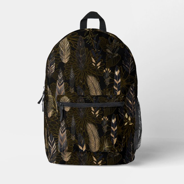 Black and Gold Feather Printed Backpack (Front)