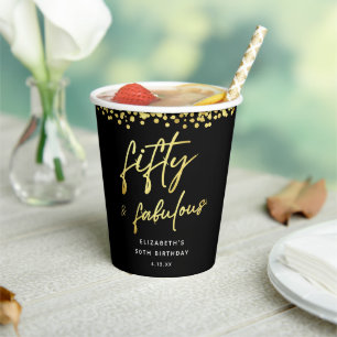 Black and Gold Fifty and Fabulous 50th Birthday Paper Cups