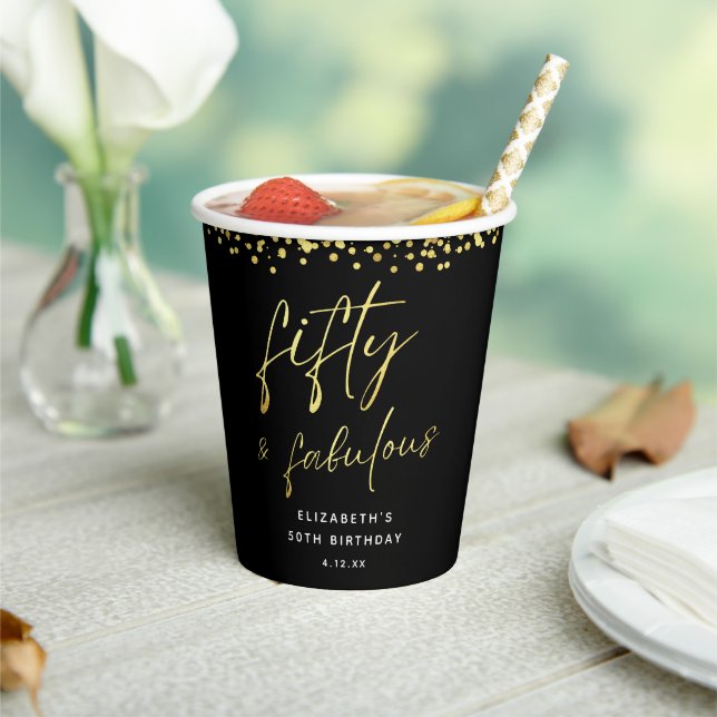 Black and Gold Fifty and Fabulous 50th Birthday Paper Cups (Insitu)