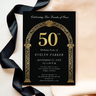 Black and Gold Five Decades of Grace 50th Birthday Invitation