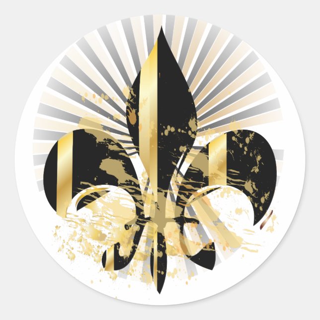 Black and Gold Fleur de Lis Classic Round Sticker (Front)
