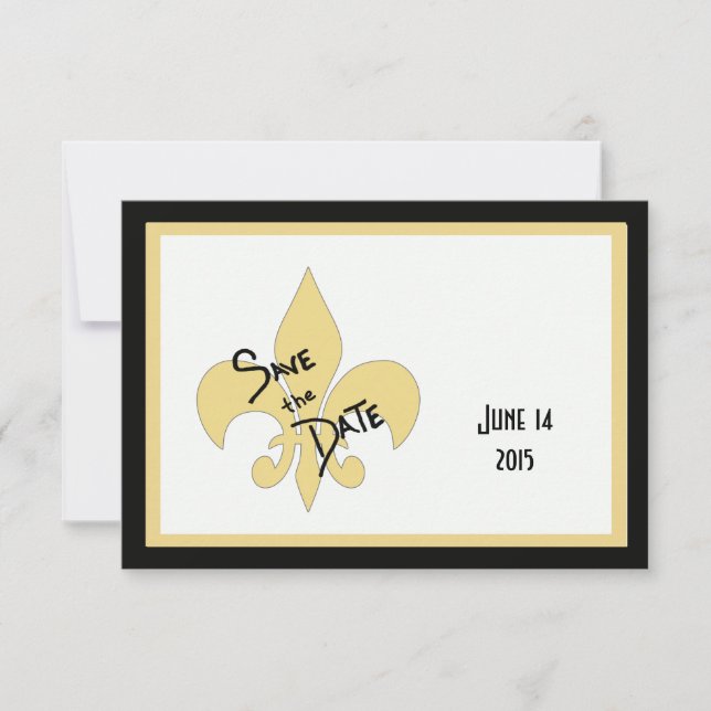 Black and Gold Fleur de Lis Save the Date Cards (Front)