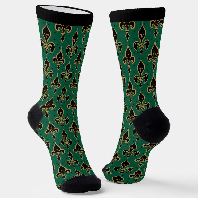  Black and gold fleur-de-lis seamless pattern Socks (Angled)
