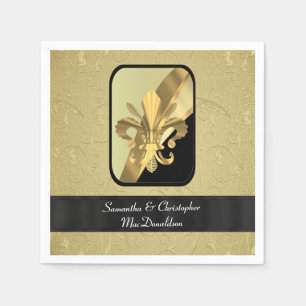 Black and gold fleur de lys personalised napkin