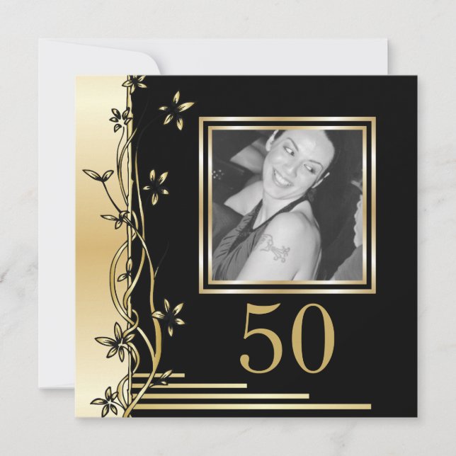 Black and gold floral 50th birthday invitation (Front)