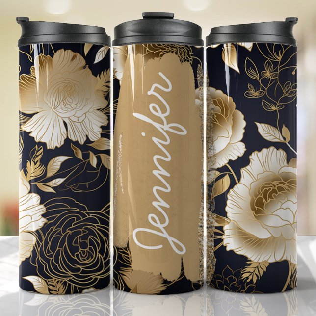 Black and Gold Floral Add Name Custom Gift Thermal Tumbler (Floral Personalized Tumbler)