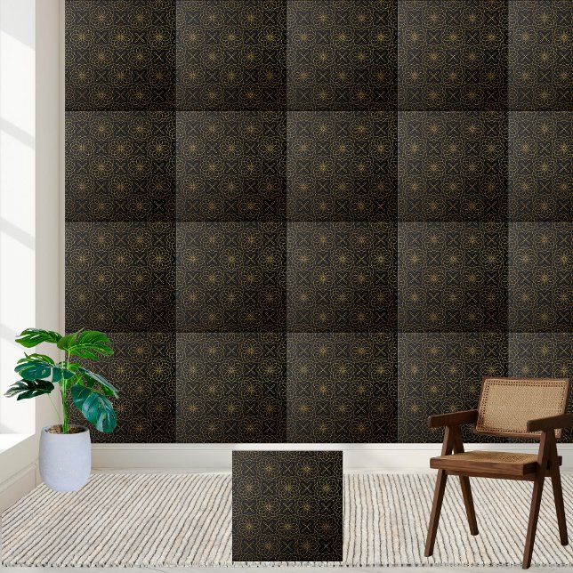 Black and Gold Floral and Cross Geometric Tile  (Black and Gold Floral and Cross Geometric Tile)