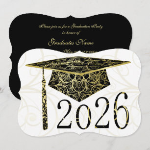 Black and Gold Floral Cap 2026 Graduation Party Invitation