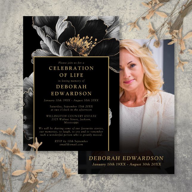 Black And Gold Floral Celebration Of Life Photo Invitation (Black And Gold Floral Celebration Of Life Photo Invitation)