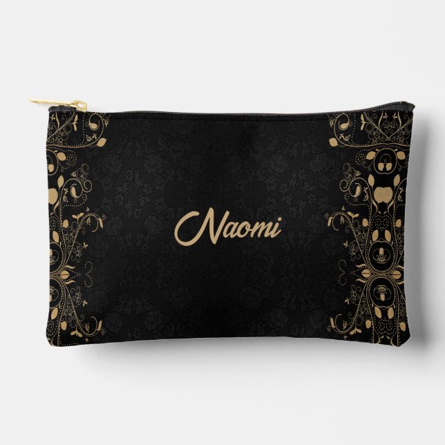 Black and gold floral damask accessory pouch (Front)