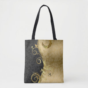 Black And Gold Floral Damask And Gold Swirl Tote Bag