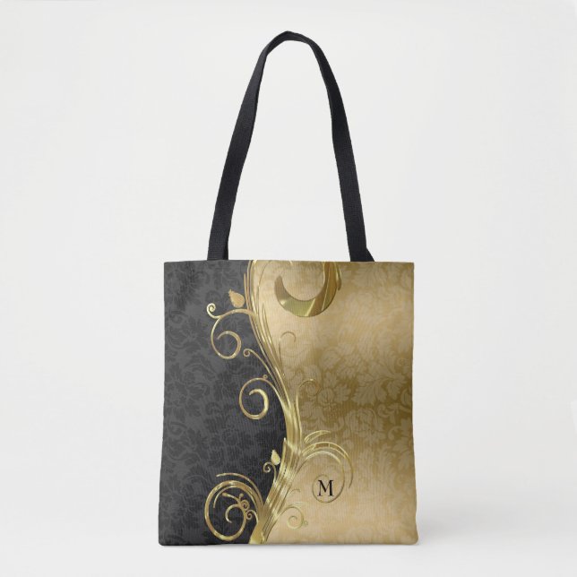 Black And Gold Floral Damask And Gold Swirl Tote Bag (Front)