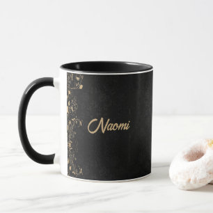Black and gold floral damask mug