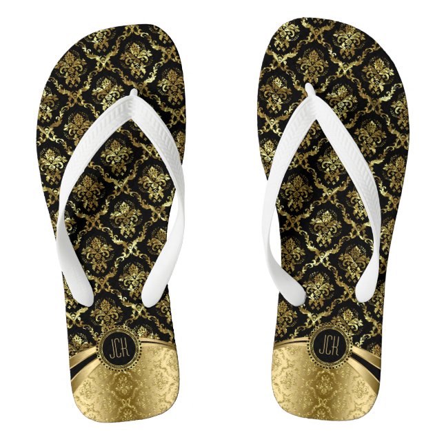 Black And Gold Floral Damasks Jandals (Footbed)