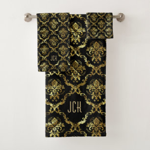Black And Gold Floral Damasks Monogram Bath Towel Set