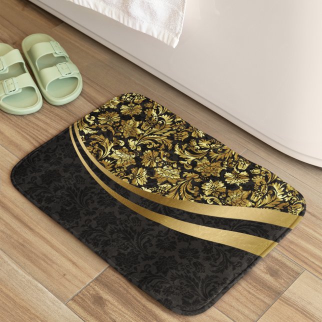Black And Gold Floral Damasks Pattern Bath Mat (Creator Uploaded)