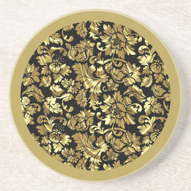 Black And Gold Floral Damasks Pattern Coaster (Front)