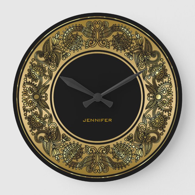 Black And Gold Floral Design Large Clock (Front)