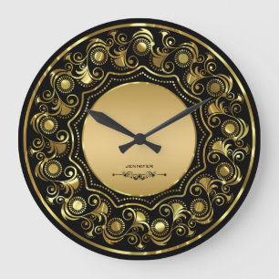 Black And Gold Floral Design Large Clock