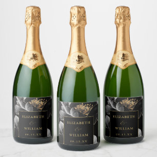 Black And Gold Floral Elegant Modern Chic Wedding Sparkling Wine Label