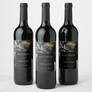 Black And Gold Floral Elegant Modern Chic Wedding Wine Label