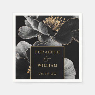 Black And Gold Floral Elegant Modern Wedding Napkin