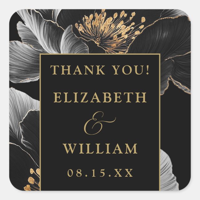 Black And Gold Floral Elegant Thank You Favour Square Sticker (Front)