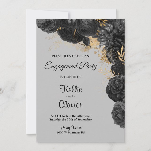 Black And Gold Floral Engagement Party Invitation (Front)