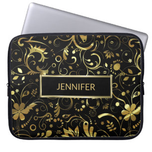 Black And Gold Floral Fabric Pattern Laptop Sleeve