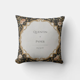 Black and Gold Floral Frame Wedding Sticker Cushion