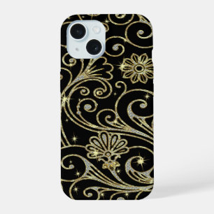 Black And Gold Floral Glitter & Sparkles iPhone 15 Case