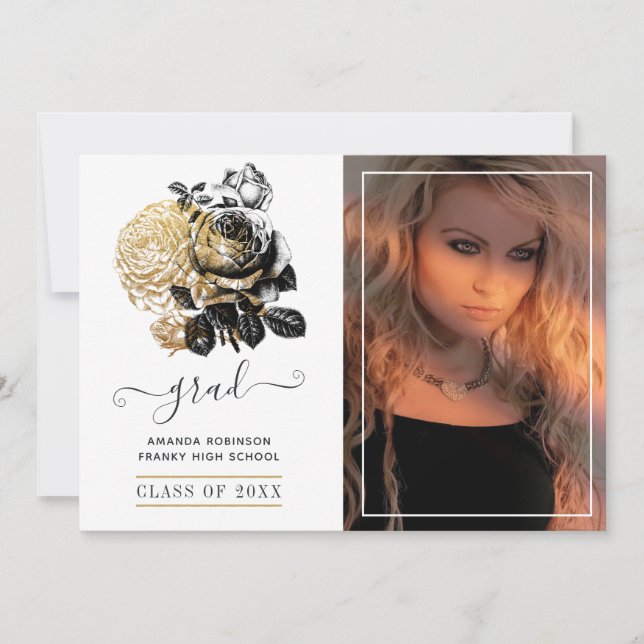 Black and Gold Floral Graduation Photo Announcement (Front)